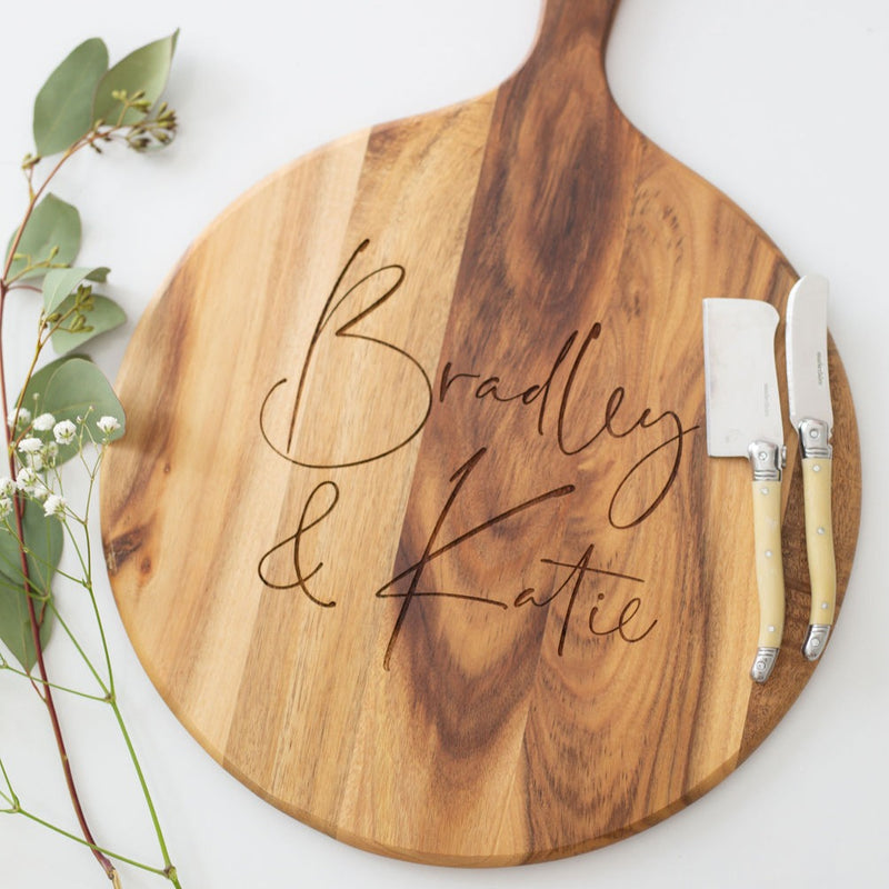 Personalised round Cheese board with couples names. - The Confetti Gift Co